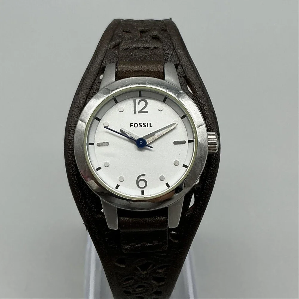 Fossil JR-1258 Womens Watch 27mm Silver Dial Brown Leather Cuff New Battery